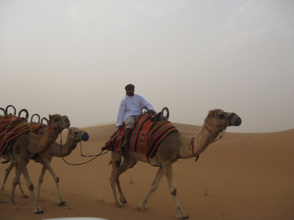 a man riding camels in the desert