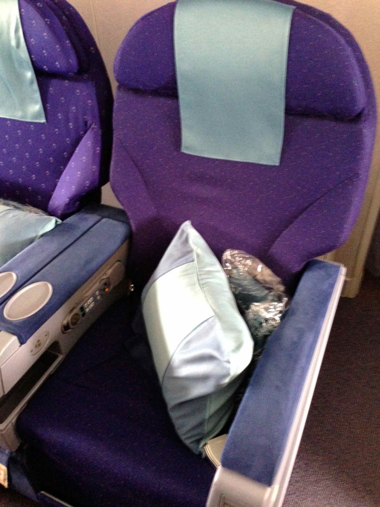 a purple and blue seats with a pillow