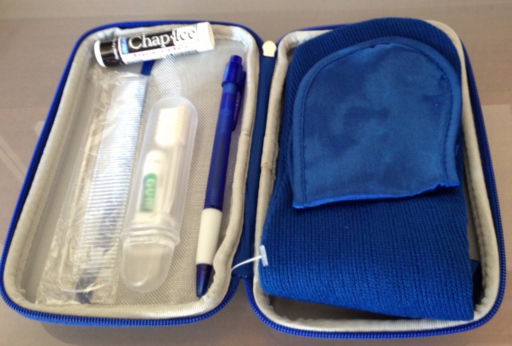 a blue pencil case with a pen and a toothbrush