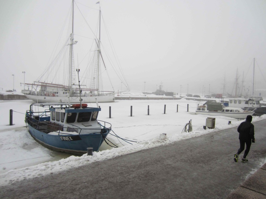 boats in a harbor with snow