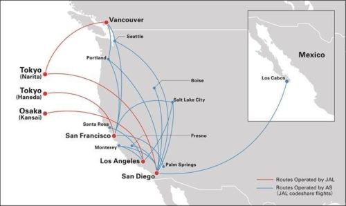 Codeshare routes between Japan Airlines and Alaska Airlines