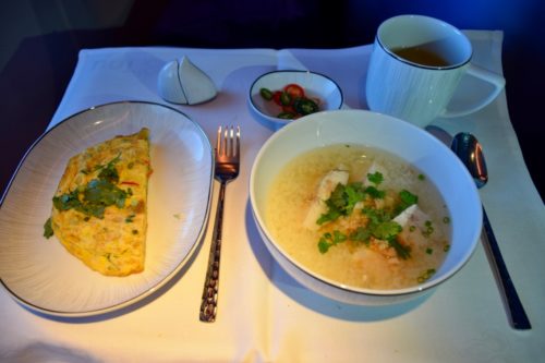 Thai Airways 777 Business Class Boiled Rice with Red Snapper Served with Thai Omelet with Onion, Red Chili, and Spring Onion
