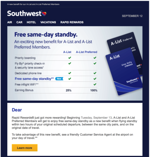 Southwest announces new free southwest standby benefit