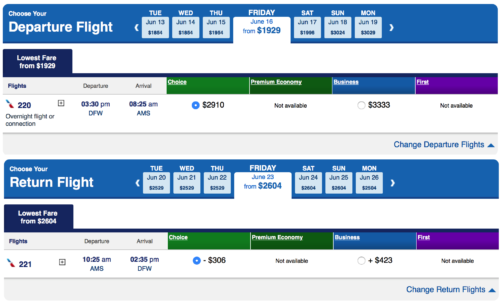 American Airlines DFW-AMS Pricing