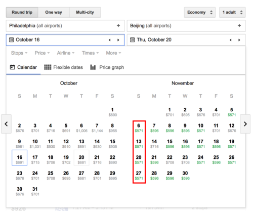 Clicking on the calendar reveals pricing for different departure or arrival dates.