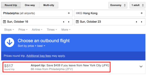 Google Flights can also suggest nearby airports with lower fares.