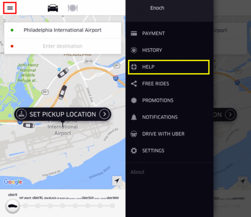First, launch the menu in your Uber app, and select "Help"