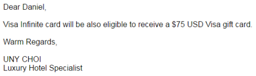 Confirmation that Visa Infinite cards are eligible for the $75 Visa gift card offer