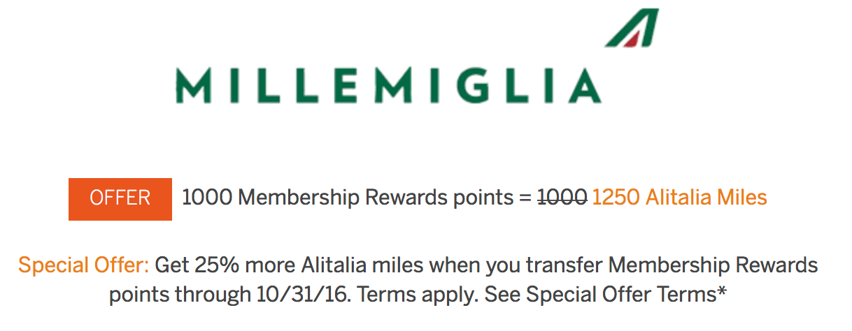 American Express is offering a 25% bonus on transfers to Alitalia MilleMiglia