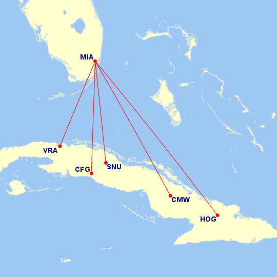 American Airlines currently operate 5 routes to Cuba, totalling 56 flights a week