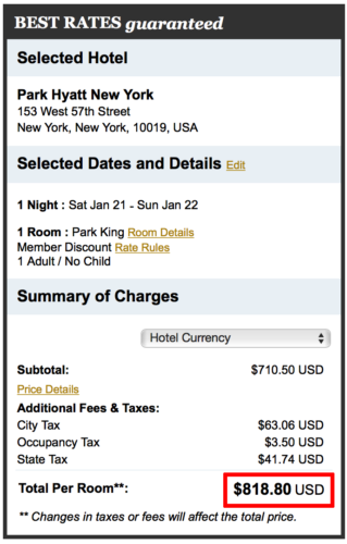 The cash rate for Park Hyatt New York is $818 after taxes on January 21