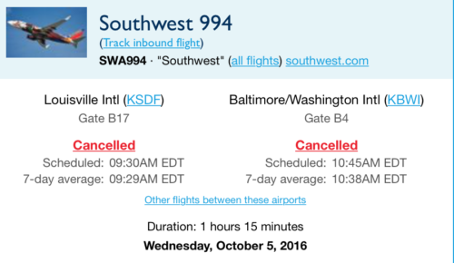 Southwest 994, from Louisville to Baltimore, was cancelled after smoke emerged from a Samsung Galaxy Note 7, prompting an evacuation.