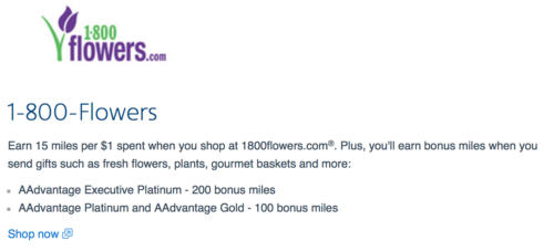 Earn 15 American Airlines miles per dollar at 1-800-Flowers, or more as an AA elite member.