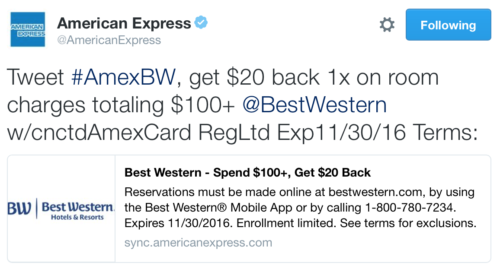 An example of an Amex Offer on Twitter.