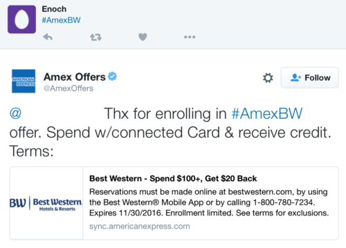American Express immediately tweets back to confirm your enrollment in an offer.