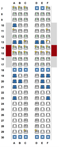 Seat map for American Airlines' flight - Miami to Santa Clara