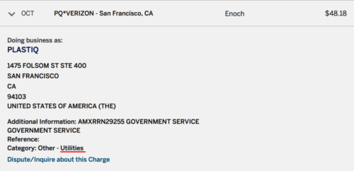 American Express coded my Verizon payment via Plastiq as "Utilities"