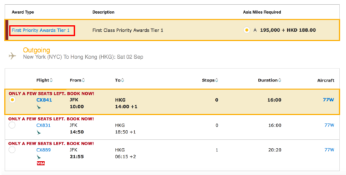 Cathay Pacific is only making Priority Awards available on certain dates