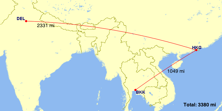 This itinery routes from New Delhi to Bangkok via Hong Kong.