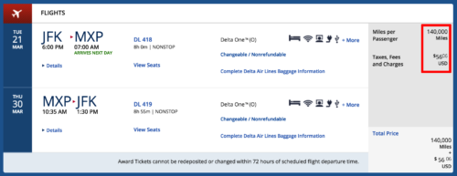 Redeem 140,000 Delta SkyMiles for the same trip