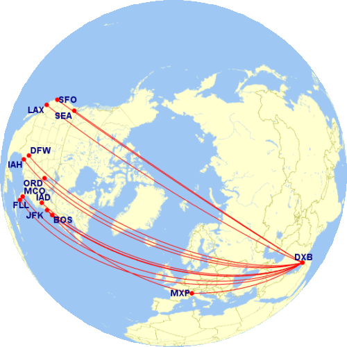 Emirates' routes between Dubai and the US