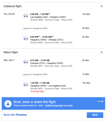 Fly form Los Angeles to Chengdu for less than $350
