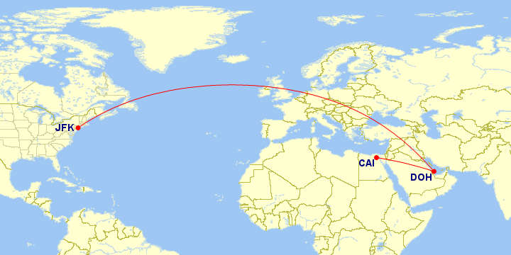 Cairo to Doha is 1,280 miles, and Doha to New York is 6,704 miles.