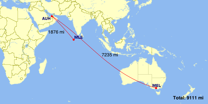 Flying from Male (MLE) to Melbourne (MLE) via Abu Dhabi involves some back-tracking.