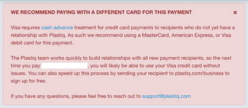 Plastiq may be coding payments as cash advances for new payees
