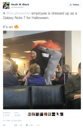 A Southwest agent dressed up as the Samsung Galaxy Note 7 at Salt Lake City airport. @heathwblack/Twitter