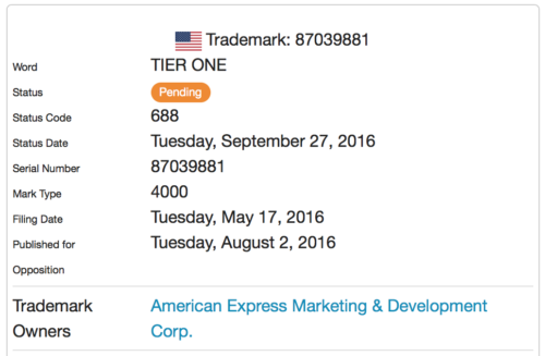 American Express filed a trademark for "Tier One" back in May 2016