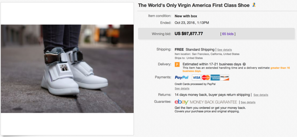 Virgin America First Class Shoe sold for just shy of $100,000