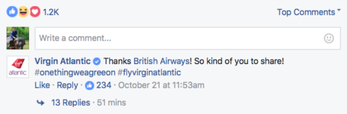 Virgin Atlantic comments on British Airways' shared post