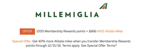 American Express is offering a 40% bonus when you transfer points to Alitalia