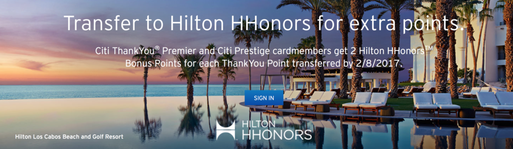 Get 2,000 Hilton HHonors points (instead of 1,500) for ever 1,000 ThankYou points transferred until February, 2017.