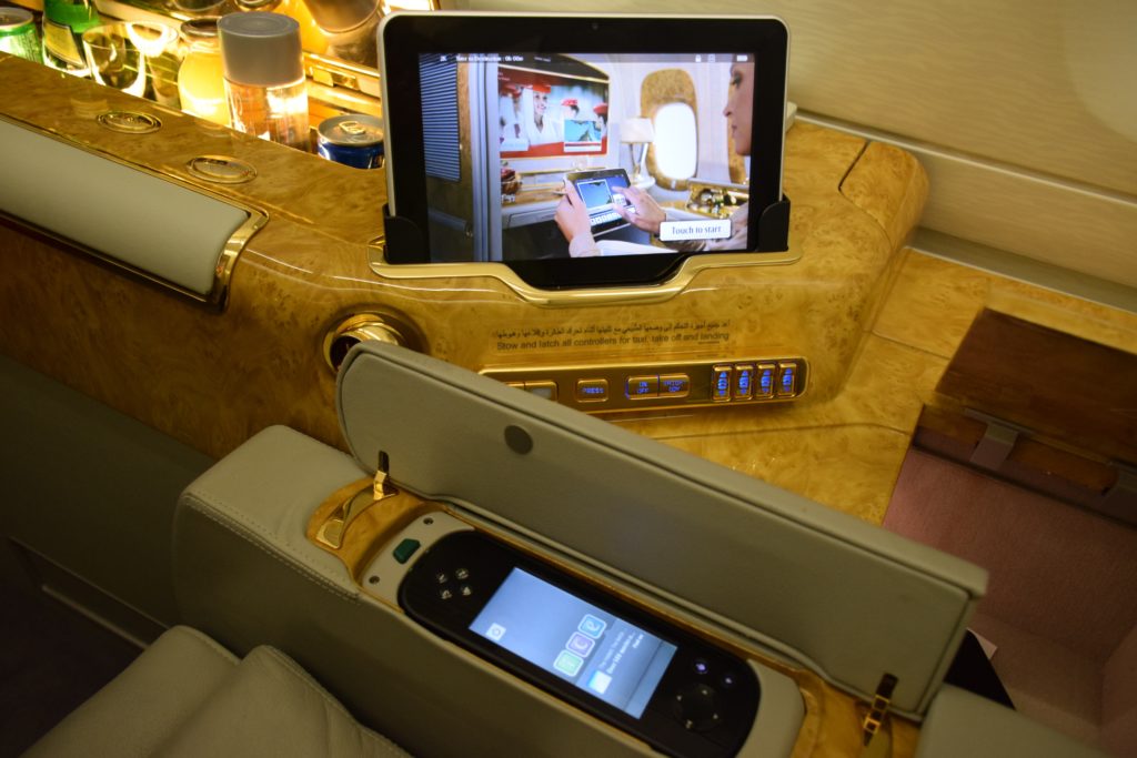 Emirates A380 First Class seat controls and in-flight entertainment remote