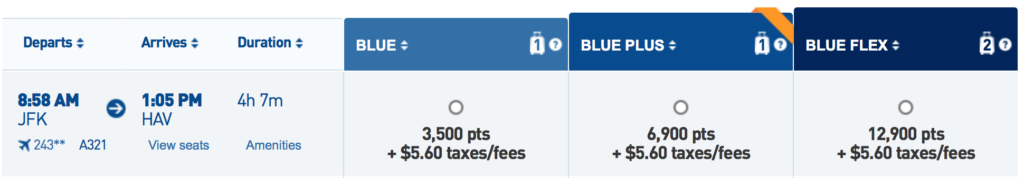 Redeem 3,500 TrueBlue points + $5.60 in taxes/fees for those flights