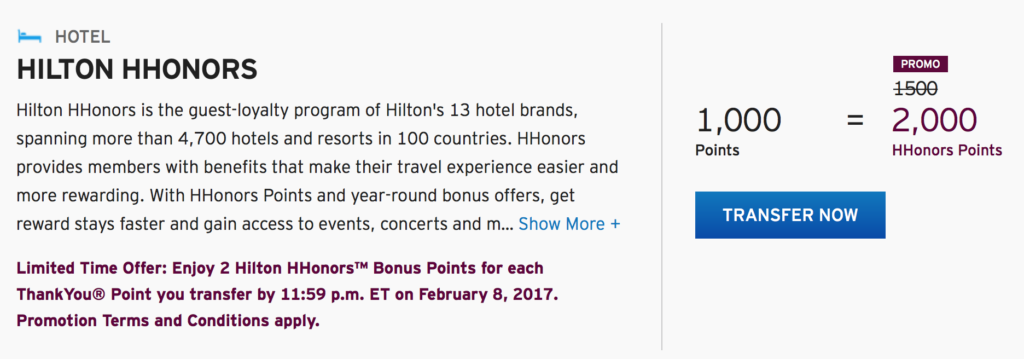 Get 2,000 Hilton HHonors points (instead of 1,500) for ever 1,000 ThankYou points transferred until February, 2017.