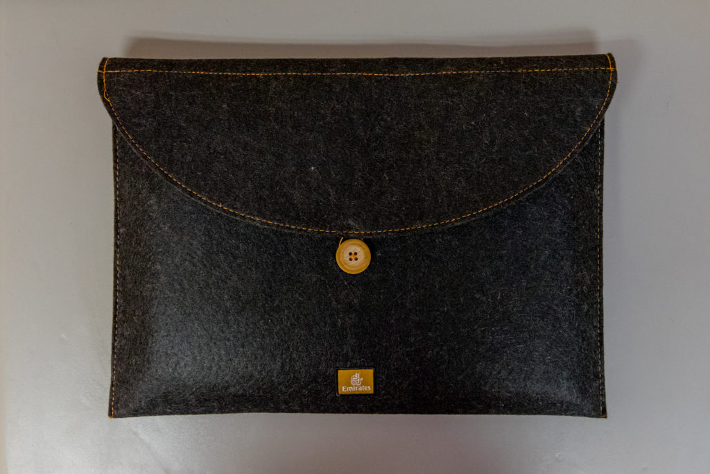 The new Emirates First Class pajamas come with a nice felt pouch. Photo by the author.