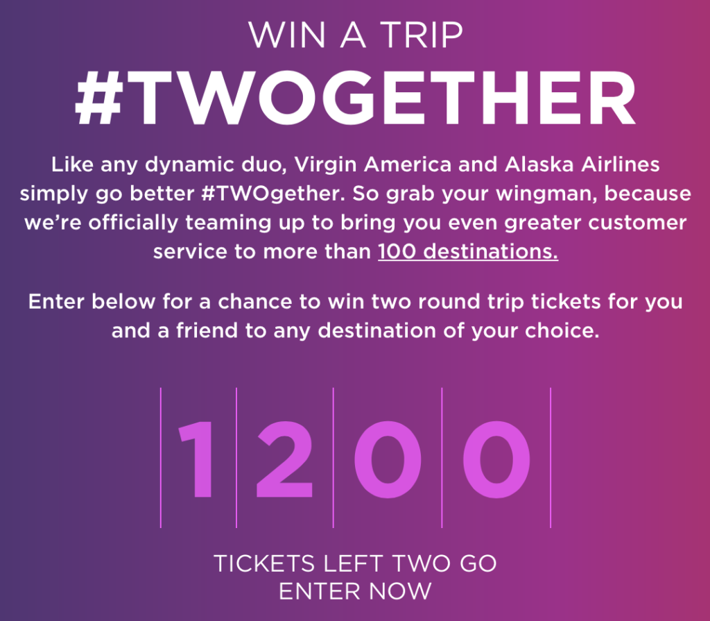 Alaska Airlines is giving away 1,200 round-trip tickets to celebrat the merger through the Twogether campaign.