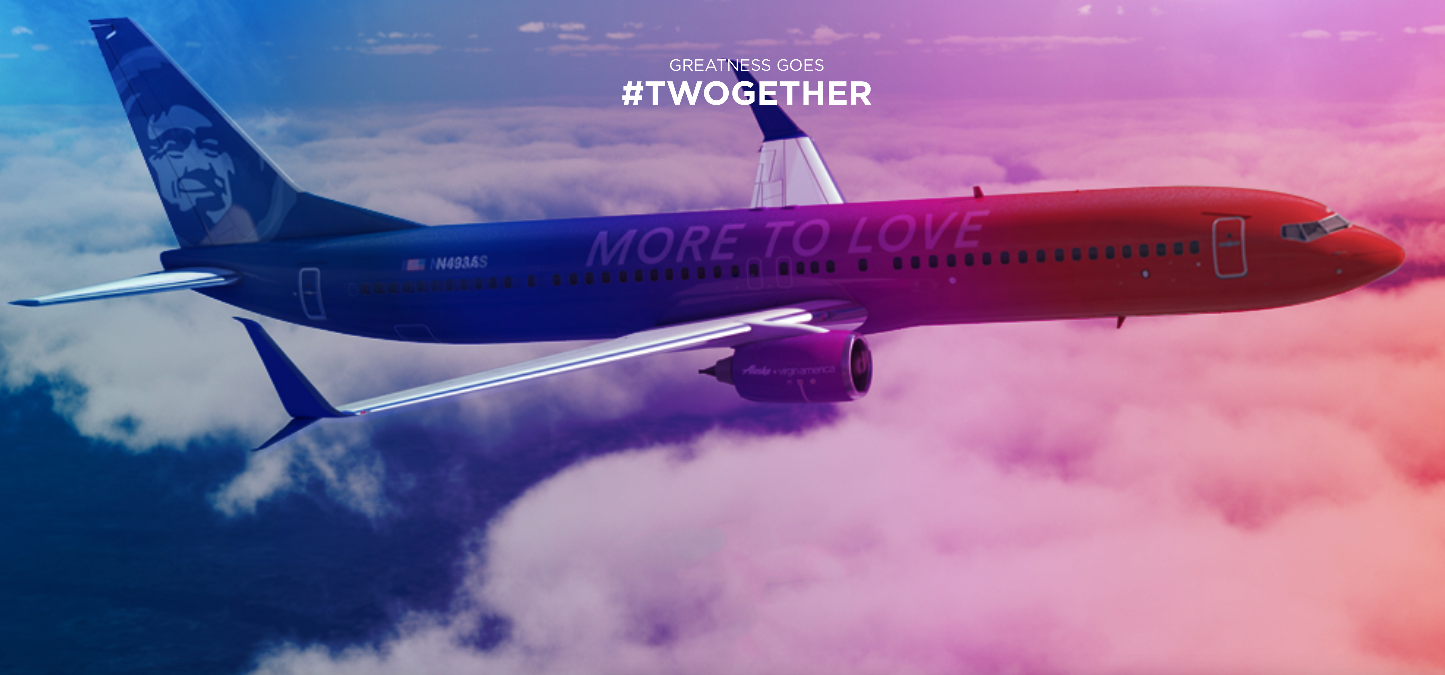 A rendering of the special "More to Love" commemorative livery for the Alaska Airlines + Virgin America merger. spg virgin America