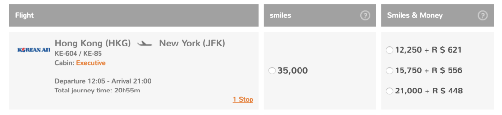 Fly from Hong Kong (HKG) to New York (JFK) for just 35,000 GOL Smiles one-way in Korean Business Class! 