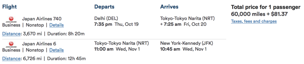 Fly from Delhi to New York with a stopover in Tokyo for just 60,000 miles one-way in Business Class!