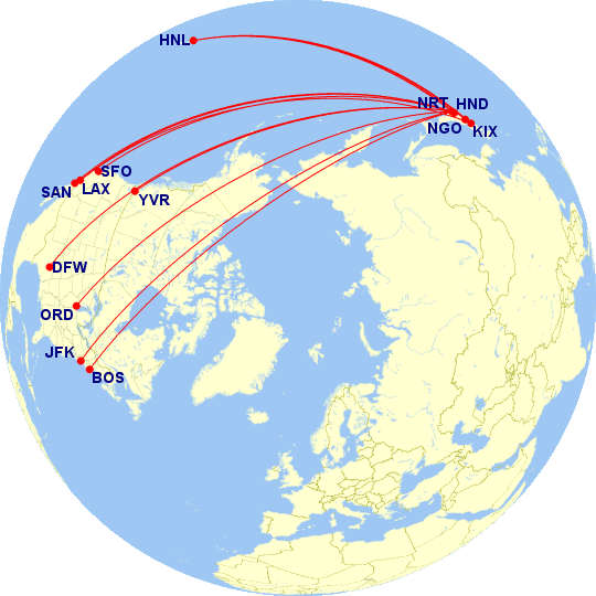 Destinations in North America and Hawaii served by Japan Airlines