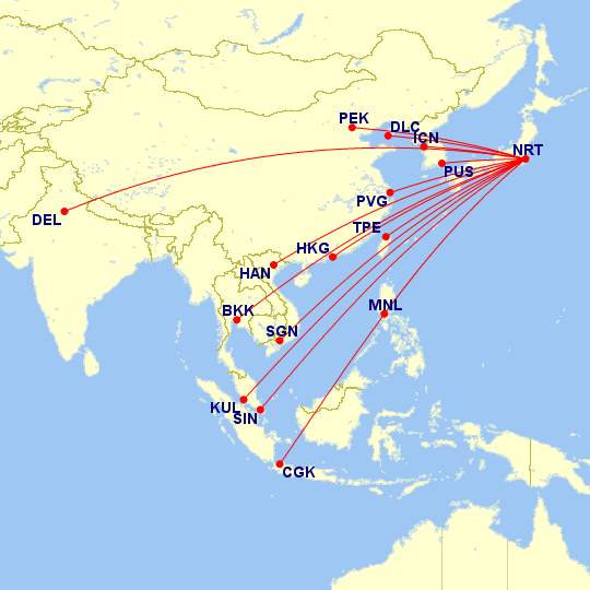 Internation routes in Asia served by Japan Airlines out of Tokyo-Narita (NRT).