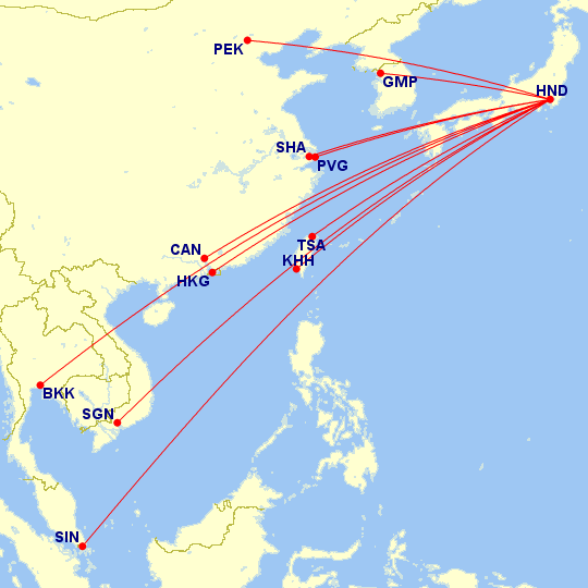 Internation routes in Asia served by Japan Airlines out of Tokyo-Haneda (HND).