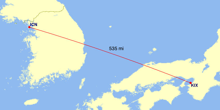 The great circle distance between Osaka (KIX) and Seoul (ICN) is 535 miles.