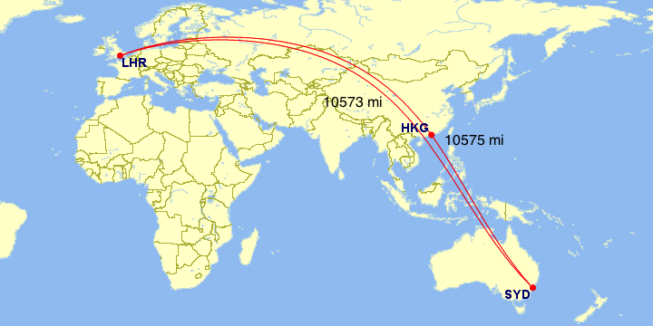 The great-circle distance between Sydney and London, and one that includes a stop in Hong Kong.