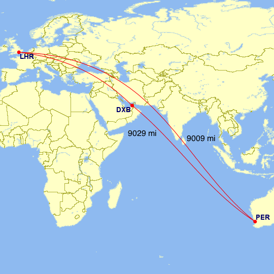 The great-circle distance between Perth and London, and between Perth, Dubai, and London.