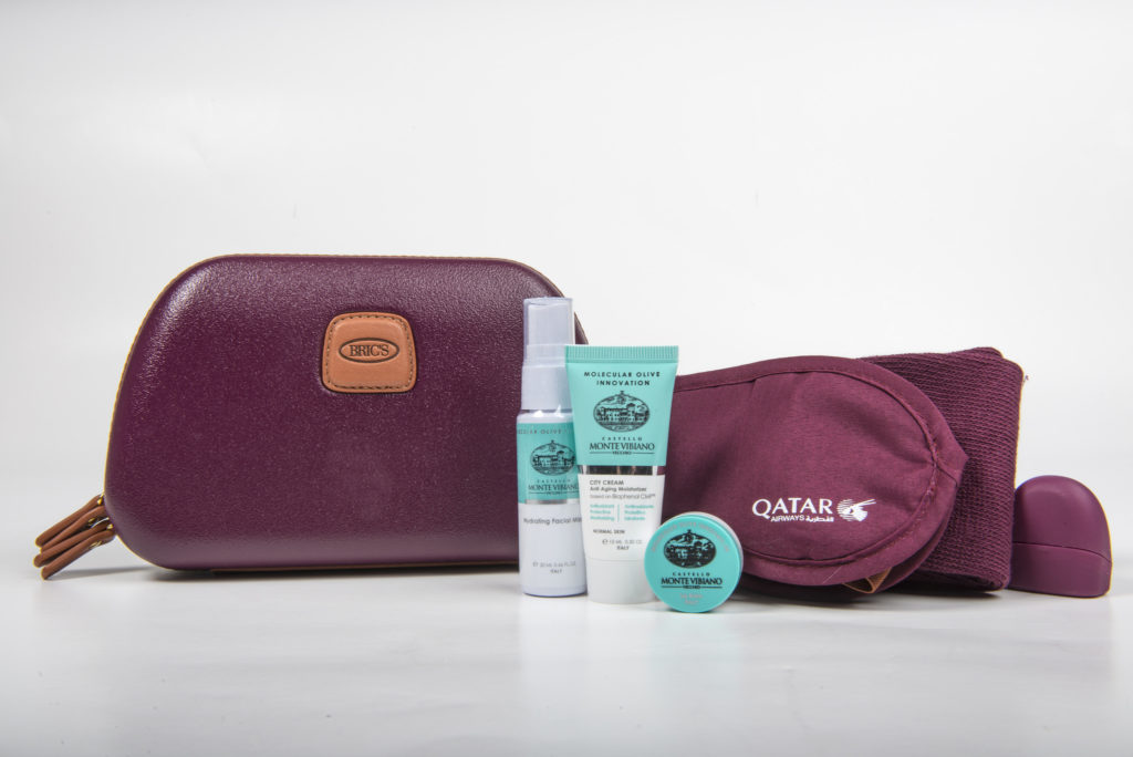 Qatar Airways' new Business Class Womens amenity kit by BRICS, with Castello Monte Vibiano Vecchio products. Flickr/Qatar